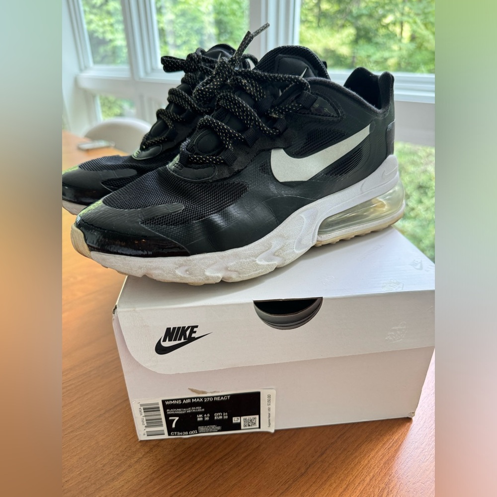 Nike Air Max 270 React Black Metallic Silver Wmns 7